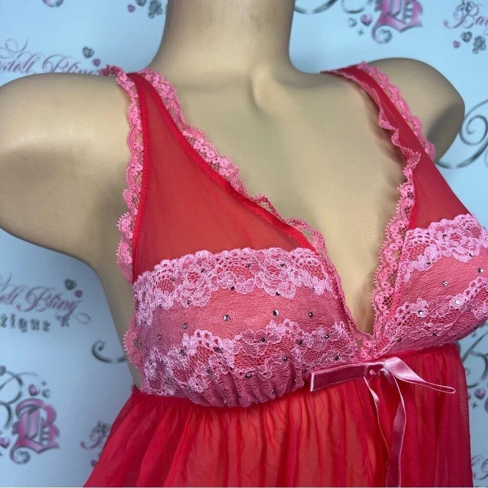 Victoria secret babydoll rhinestone pink bow tie satin silky floral lace dress